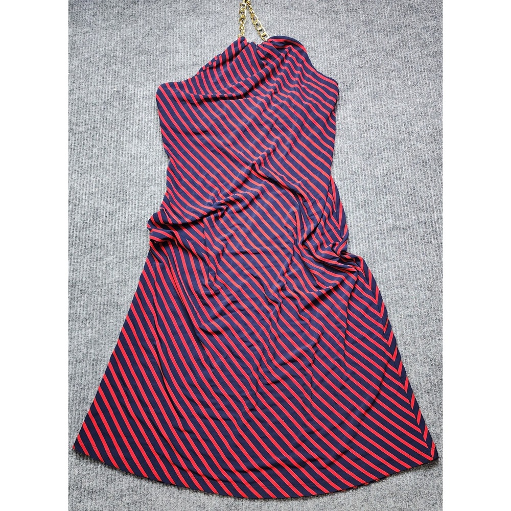 Lauren Ralph Lauren Navy Red Striped Chain Halter Dress Size 12 Nautical Midi